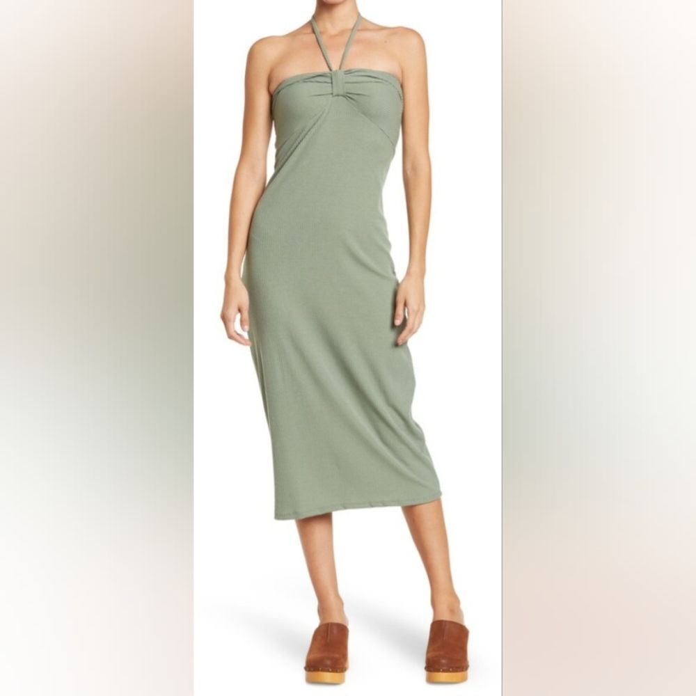 DUAL NATURE Size Large Ribbed Knit Pistachio Green Halterneck Midi Dress NWT